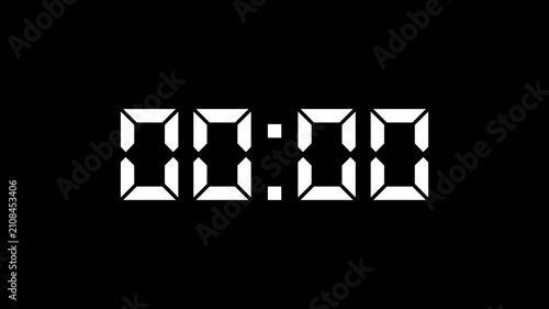 Digital countdown timer counts down from three to zero seconds against a black and white striped background.