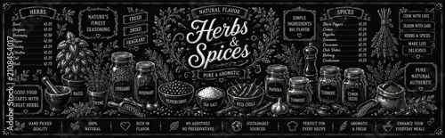 Obraz  z motywem Hand drawn herbs and spices menu banner on detailed vintage black chalkboard surface