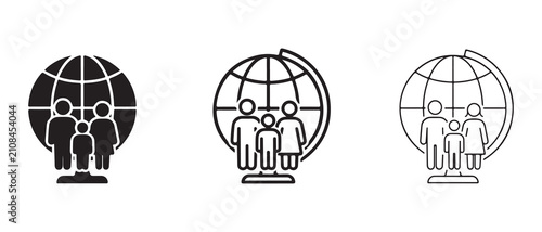 globe icons featuring diverse families standing on pedestals symbolizing global unity and multiculturalism
