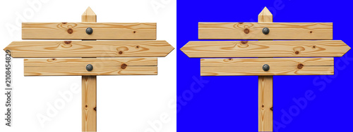 Quadro su tela Wooden directional signpost with three blank planks isolated on a white backgrou
