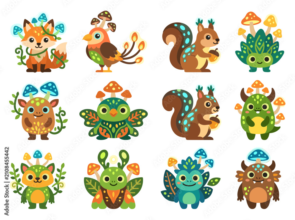 Fototapeta premium Kawaii forest monsters and magical woodland animal characters