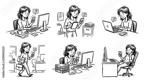 Woman juggling work and phone notifications in various office scenarios