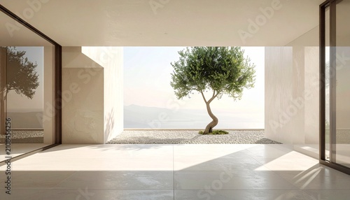Minimalist Modern Mediterranean Terrace Featuring a Scenic Olive Tree View and Architectural Open Living Space