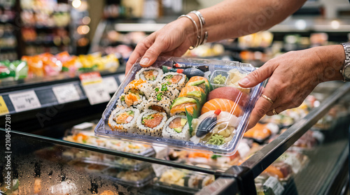 A customer holding a plastic container of assorted fresh sushi rolls at a supermarket.
