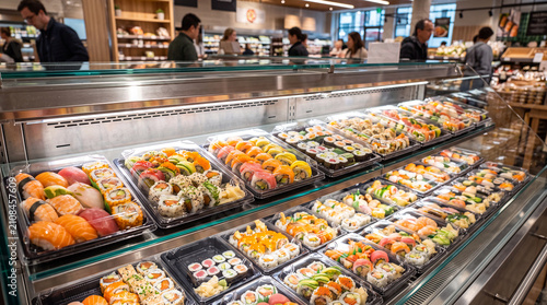 Fresh Assorted Sushi Selection Displayed in Supermarket Refrigerated Case.