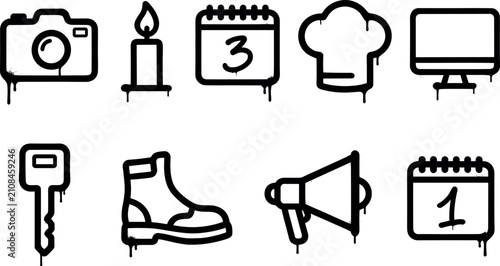Black graffiti utility icon set with paint drips camera candle calendar chef hat monitor key boot and megaphone vector elements