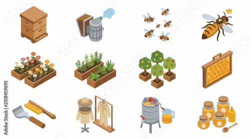 Quadro em tela Colorful flat vector icons of beekeeping and gardening tools.