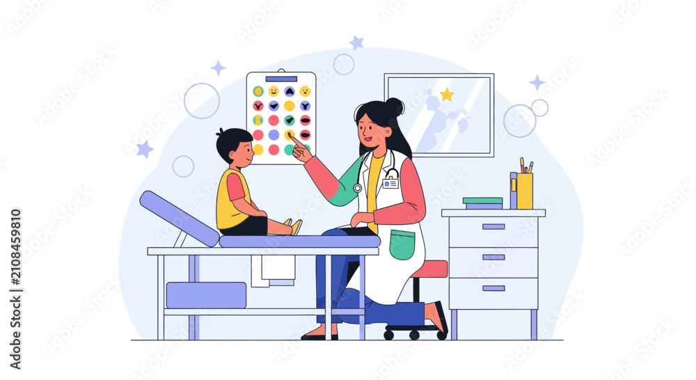 Fototapeta premium Pediatrician examining a child's eyes in a modern clinic, colorful vision chart on wall