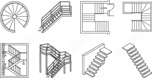 Black and white line art set of architectural stairs and staircase plans