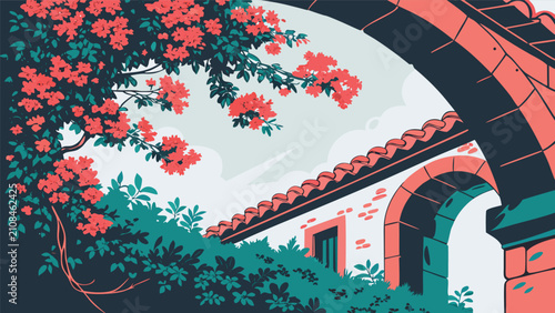 Foto An architectural archway made of stone and brick, adorned with bright red bougai