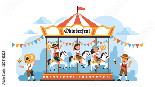 Oktoberfest Carousel Fun: Children joyfully ride a carousel adorned with Oktoberfest symbols, including pretzels and traditional Bavarian attire, under a festive flag-strung sky.