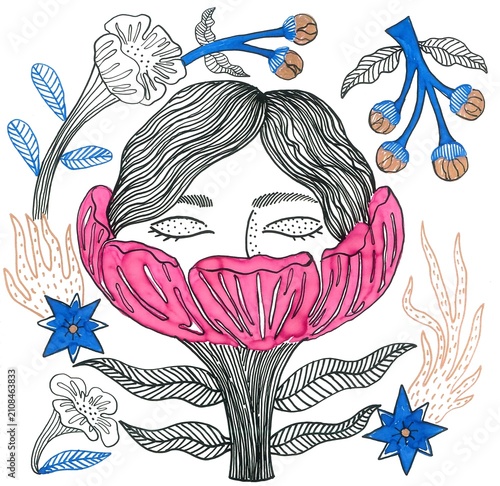 The illustration is hand-drawn in ink. A girl's head peeks out from a flower.