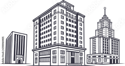 фотографія Line of three diverse city buildings with windows and architectural details, set