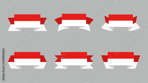 Collection of horizontal red and white flat ribbon banner elements in a clean modern style, inspired by the colors of the Indonesian flag. Editable vector, ideal for labels, badges and graphic design.