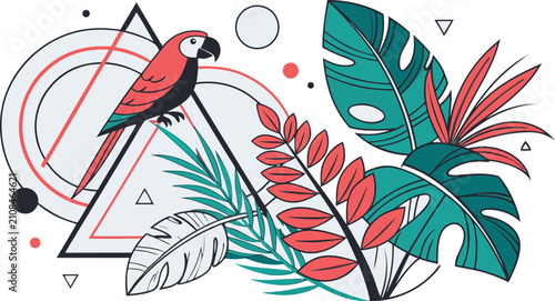 Konstfotografi Tropical composition with a colorful parrot perched on a geometric triangle, sur