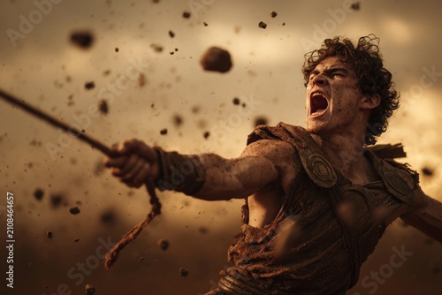 Young David using a sling in a battle, capturing the decisive moment of courage and faith in a biblical scene.