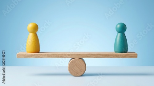 Two wooden pawns representing different people concepts balanced perfectly on wooden plank seesaw showing equality and choice in business or human resources management.