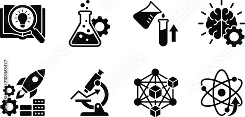 Science research and technology innovation vector icon set for business development and educational design