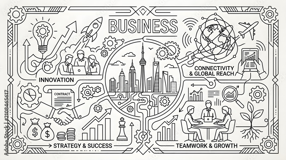 Obraz premium Comprehensive Illustration Depicting Corporate Strategy Innovation Connectivity Teamwork and Global Economic Development Success Factors