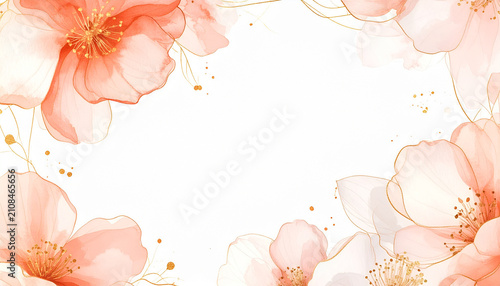 温かみのあるコーラルオレンジと柔らかなピンクの水彩フラワーに華やかな金箔ラインをあしらったエレガントな抽象的な水彩フローラルフレーム