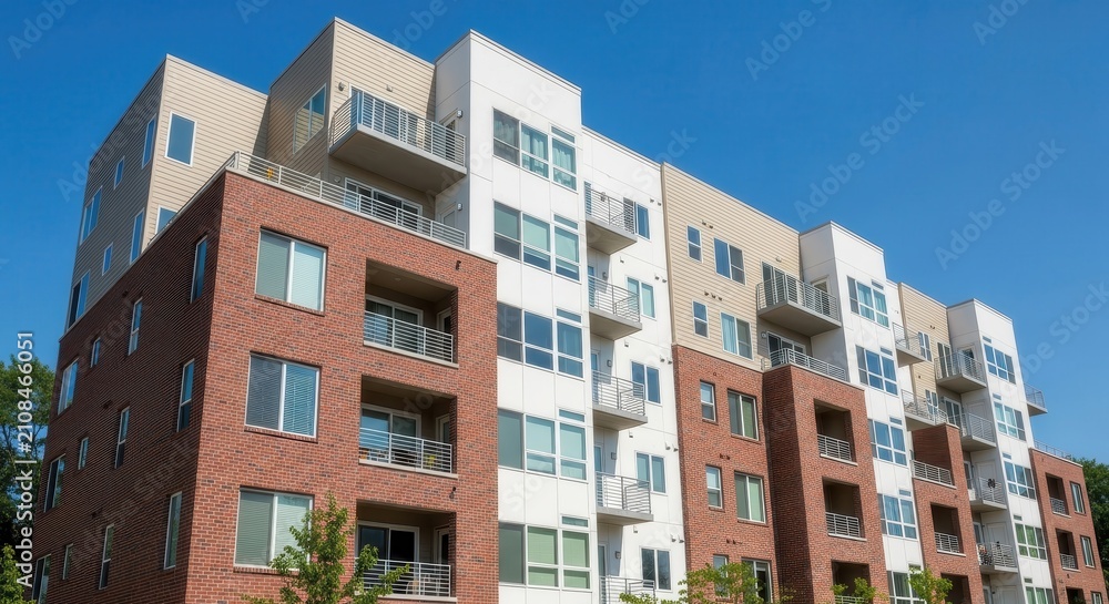Fototapeta premium Modern Multi-Story Residential Apartment Building with Brick and Siding Exterior under Clear Blue Sky