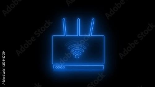 Glowing outline of a wireless router with wifi signal animation on a black background