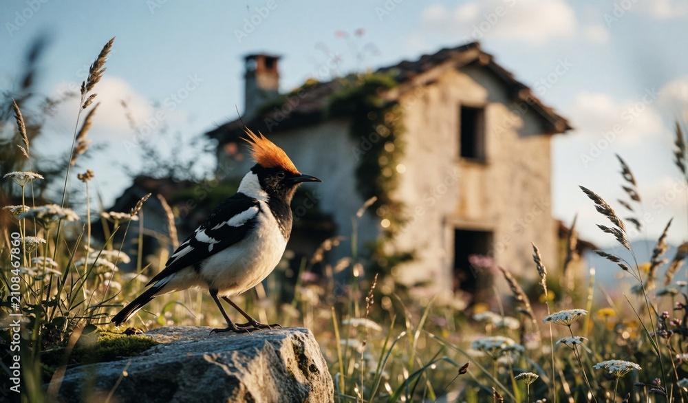 Obraz premium Black-and-White Magpie Perched on Rock Near Rustic Village at Sunset
