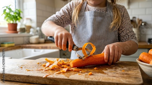 child peeling carrots with peeler