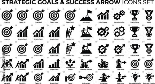 Set of strategic goals, success arrows, business growth and achievement black vector icons