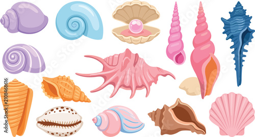 Foto Beautiful ocean sea shell vector collection with open oyster pearl scallop conch