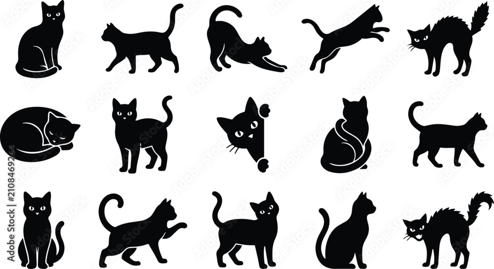 Obraz premium Black cat silhouettes collection diverse poses for halloween design projects