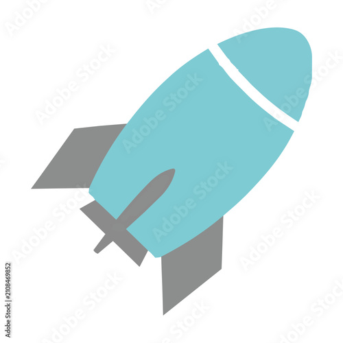 Minimalist rocket toy with blue body and grey fins flying diagonally isolated on white background, simple space exploration concept