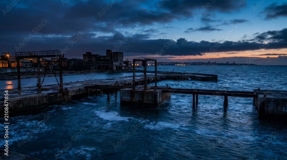 Fototapeta premium Abandoned industrial pier at dusk with city lights across the sea