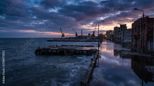 Deserted industrial harbor at sunset with cranes and reflections
