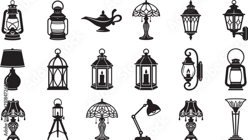 Antique lighting fixtures and vintage lanterns vector icons set with desk lamps table lights and kerosene oil lamp black silhouettes