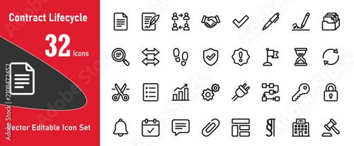 Contract lifecycle management graphic illustrations icon set 32 vector graphics. Editable vector set