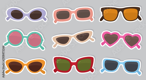 Collection of stickers with stylish sunglasses. Colorful fashion eyewear isolated on grey background