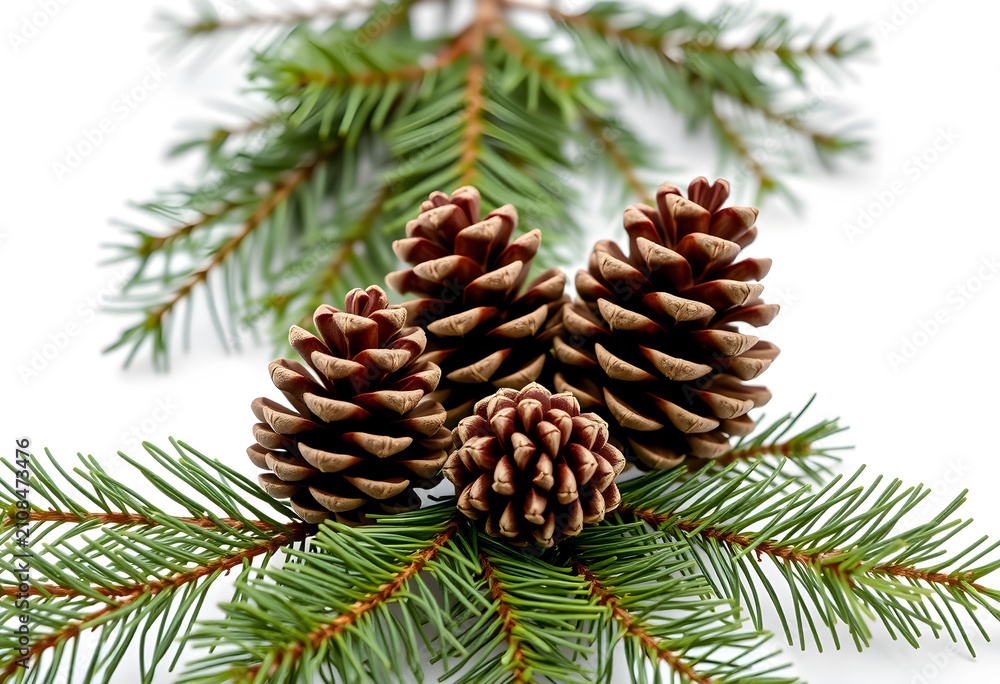 Fototapeta premium Four pine cones with green pine branches on white background
