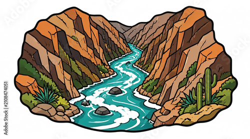 Stylized abstract landscape with vibrant green foliage, orange rock formations, and a hint of brown earth against a clean white background.