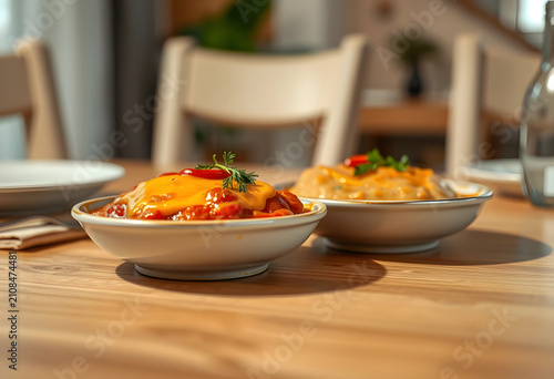 Two bowls of sauces with ch...