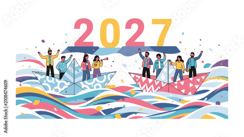 Fotografie Navigating the Future: 2027: A group of diverse people stands on colorful paper boats sailing through abstract waves, holding aloft the number 2027, symbolizing progress and future endeavors