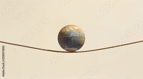 Globe Balancing on Tightrope global risk and stability concept beige background