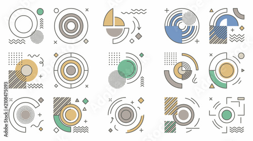 Twelve circular abstract geometric compositions in earth tones.