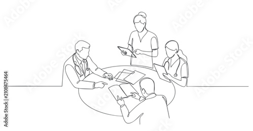 Continuous one line drawing of medical team meeting with doctors and nurses discussing patient care isolated on white background