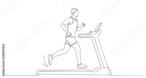 Continuous one line drawing of man running on treadmill fitness workout and healthy lifestyle concept isolated on white background