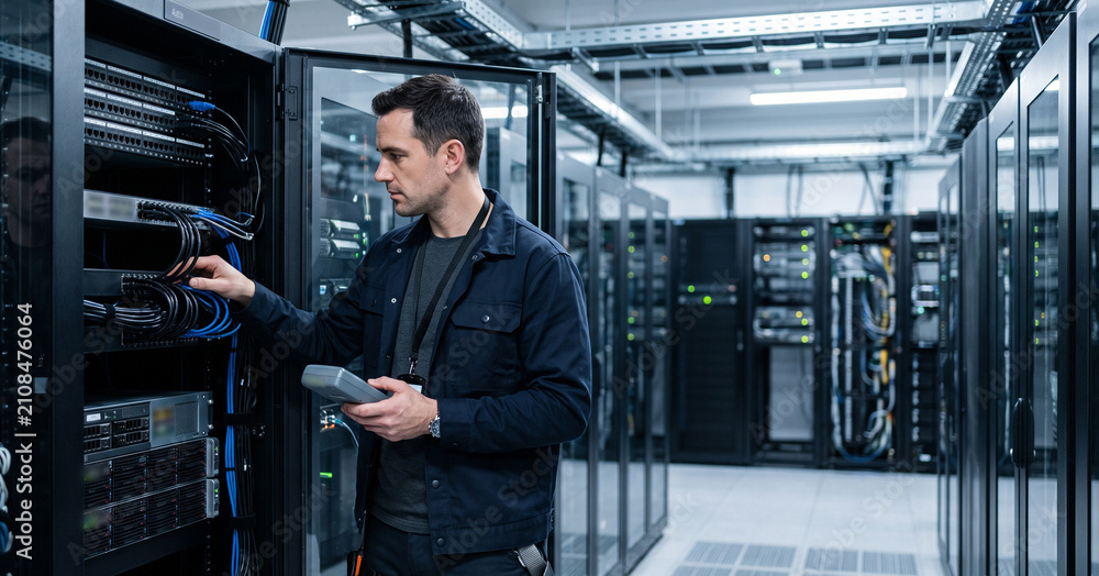 Fototapeta premium A technician is managing cables and checking equipment inside a modern data center filled with server racks, ensuring optimal performance and organization.