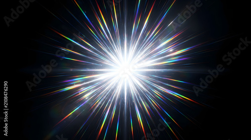 Abstract Light Burst: A dazzling explosion of light bursts forth against a dark background, creating a vibrant and energetic display with streaks of rainbow colors.