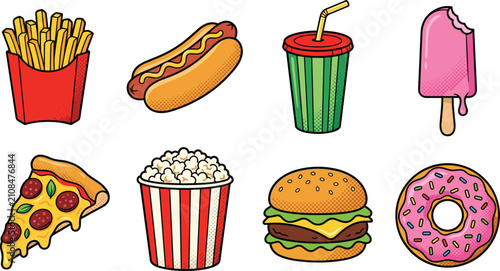 Vintage cartoon fast food vector illustrations collection with halftone dot texture showing cheeseburger hot dog pizza popcorn donut popsicle
