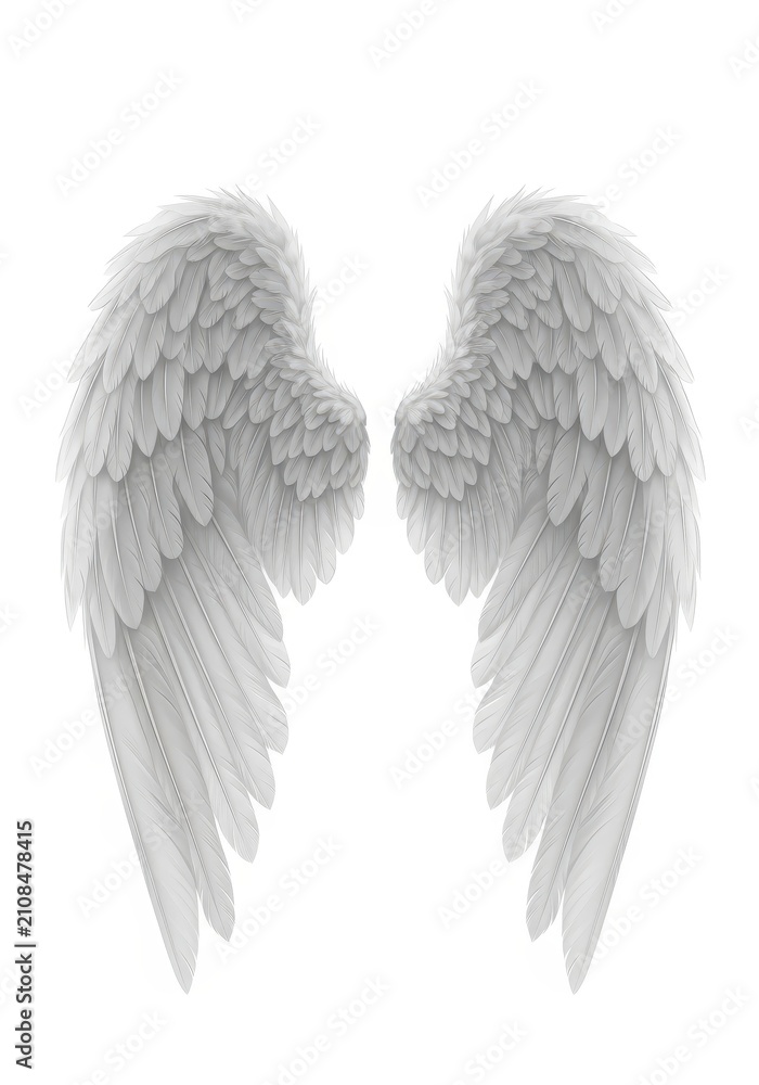 Obraz premium Pair of Detailed White Angel Wings Isolated on White Background for Spiritual and Divine Concepts