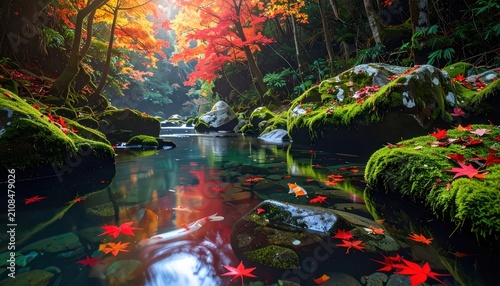 Autumn river landscape with red maple leaves and fish.